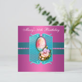 ピンクティール（緑がかった色）カメオバラ女性70thバースデーパーティー 招待状 (スタンド正面)