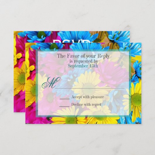 ピンクティール（緑がかった色）ガーベラデイジーフラワーズウェディングRSVP 出欠カード (正面/裏面)