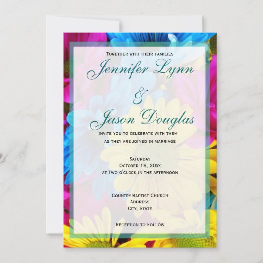 ピンクティール(緑がかった色)ガーベラデイジーフラワーズ結婚式招待状 招待状 (正面)