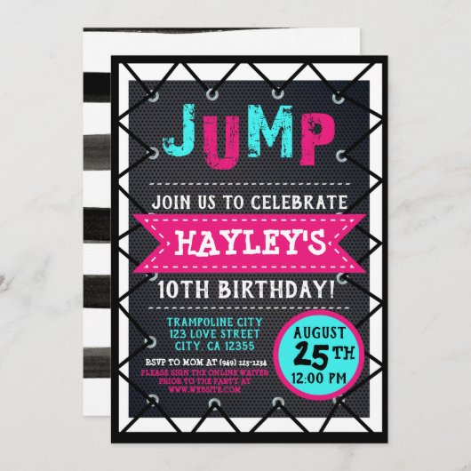 ピンクティール(緑がかった色)ガールズジャンプ&ト遊ランポリンパークバウンス 招待状 (正面/裏面)