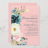 ピンクティール(緑がかった色)クリームフローラキンセアニェラ誕生日 招待状 (正面/裏面)