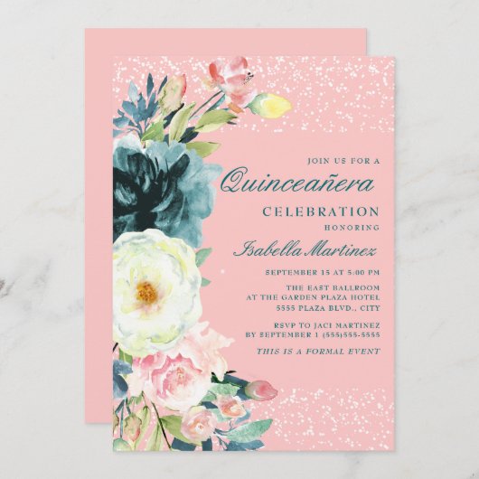 ピンクティール（緑がかった色）クリームフローラキンセアニェラ誕生日 招待状 (正面/裏面)