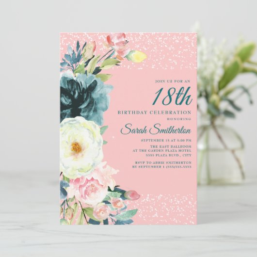 ピンクティール（緑がかった色）クリームフローラ18誕生日 招待状 (スタンド正面)