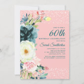 ピンクティール（緑がかった色）クリームフローラ60誕生日 招待状 (正面)
