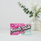 ピンクティール(緑がかった色)グリッターレトロポップ・アートのアート美しいサロン 名刺 (スタンド正面)