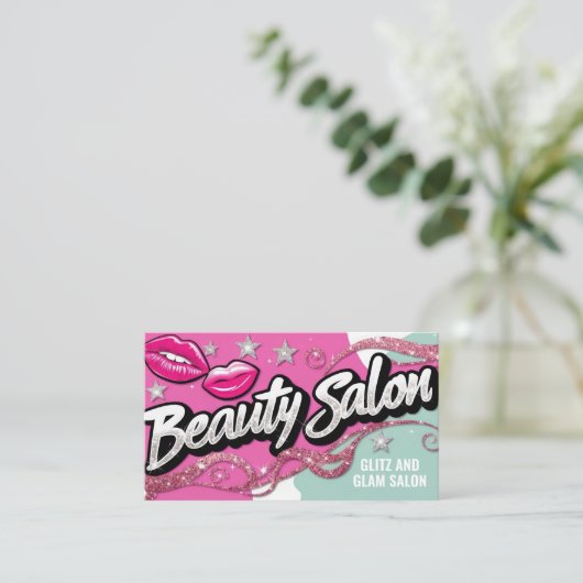 ピンクティール（緑がかった色）グリッターレトロポップ・アートのアート美しいサロン 名刺 (スタンド正面)