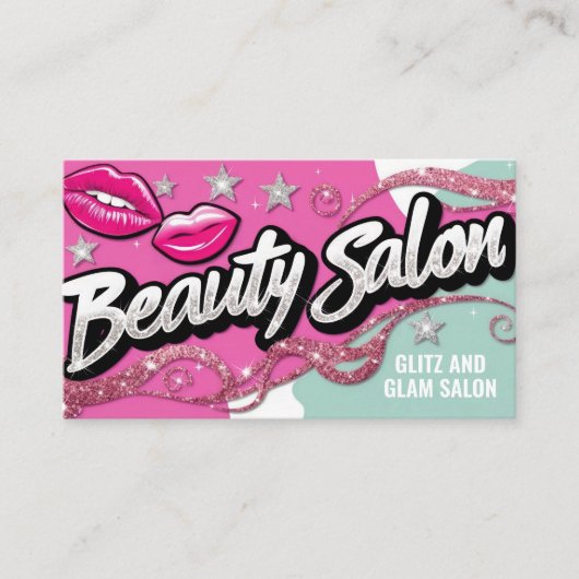 ピンクティール（緑がかった色）グリッターレトロポップ・アートのアート美しいサロン 名刺 (正面)