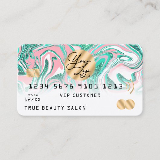 ピンクティール（緑がかった色）グリッター大理石クレジットカードのロゴ 名刺 (正面)