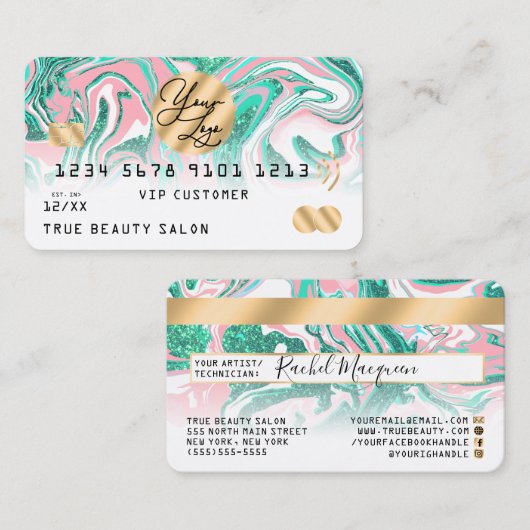 ピンクティール（緑がかった色）グリッター大理石クレジットカードのロゴ 名刺 (正面/裏面)