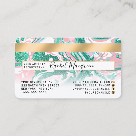 ピンクティール（緑がかった色）グリッター大理石クレジットカードのロゴ 名刺 (裏面)