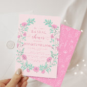 ピンクティール(緑がかった色)グリーンフローラリースブライダルシャワー 招待状