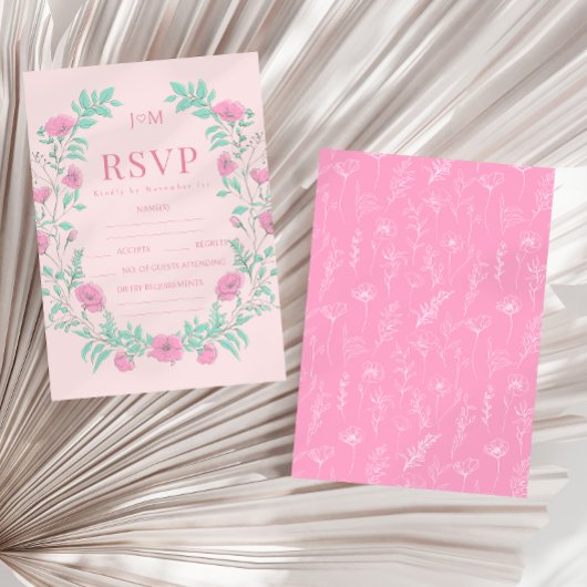 ピンクティール(緑がかった色)グリーンフローラリースボヘミアン結婚ズ 出欠カード