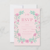 ピンクティール(緑がかった色)グリーンフローラリースボヘミアン結婚ズ 出欠カード (正面)