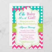 ピンクティール(緑がかった色)グリーンベビーシャワー招待状 招待状 (正面/裏面)