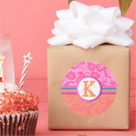 ピンクティール（緑がかった色）&コーラルダマスモノグラム結婚式用シール ラウンドシール