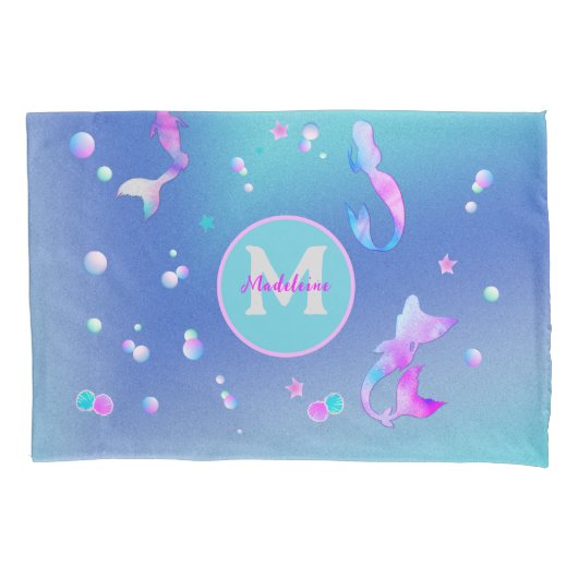 ピンクティール（緑がかった色）シー海シェルマーメイドモノグラム10代の 枕カバー (正面)