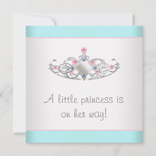 ピンクティール（緑がかった色）ティアラプリンセスベビーガールシャワー 招待状 (正面)