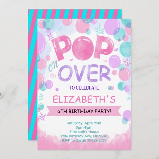 ピンクティール（緑がかった色）バブル誕生日招待状 招待状 (正面/裏面)