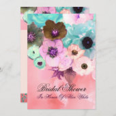 ピンクティール（緑がかった色）バラ及びアネモネ花ブライダルシャワー 招待状 (正面/裏面)