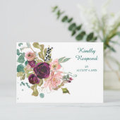 ピンクティール(緑がかった色)バーガンディフローラウェディングRSVP 出欠カード (スタンド正面)