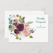 ピンクティール(緑がかった色)バーガンディフローラウェディングRSVP 出欠カード (正面/裏面)
