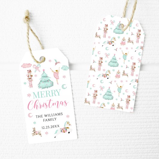 ピンクティール（緑がかった色）パステルナツクラッカーメリークリスマスラベル ギフトタグ
