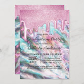 ピンクティール（緑がかった色）パールオパールグリッタードリップス卒業 招待状 (正面/裏面)