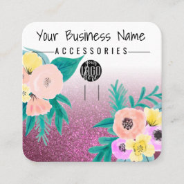 ピンクティール（緑がかった色）フローラグリッターロゴキーチェーンディスプレイ スクエア名刺