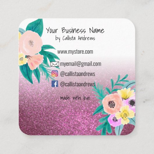 ピンクティール(緑がかった色)フローラグリッターロゴキーチェーンディスプレイ スクエア名刺 (裏面)