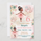 ピンクティール（緑がかった色）フローラダークスキンバレリーナガール誕生日 招待状 (正面)