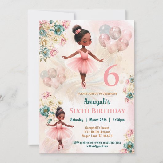 ピンクティール（緑がかった色）フローラダークスキンバレリーナガール誕生日 招待状 (正面)