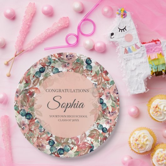 ピンクティール(緑がかった色)フローラ卒業祝い ペーパープレート (パーティー)