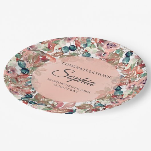 ピンクティール（緑がかった色）フローラ卒業祝い ペーパープレート (アングル)