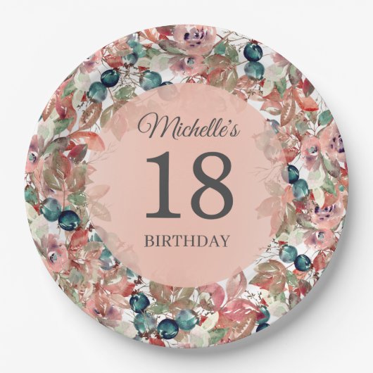 ピンクティール(緑がかった色)フローラ18誕生日 ペーパープレート (正面)