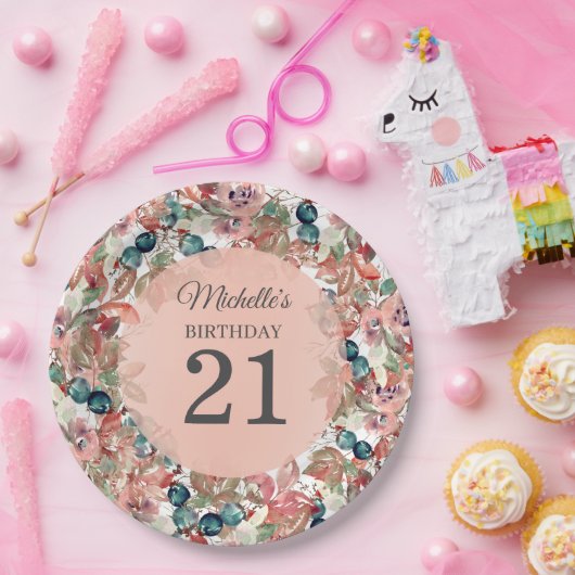 ピンクティール(緑がかった色)フローラ21歳の誕生日 ペーパープレート (パーティー)