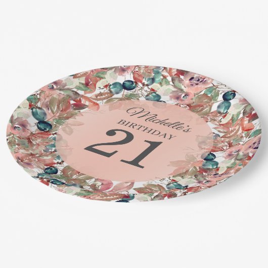 ピンクティール（緑がかった色）フローラ21歳の誕生日 ペーパープレート (アングル)
