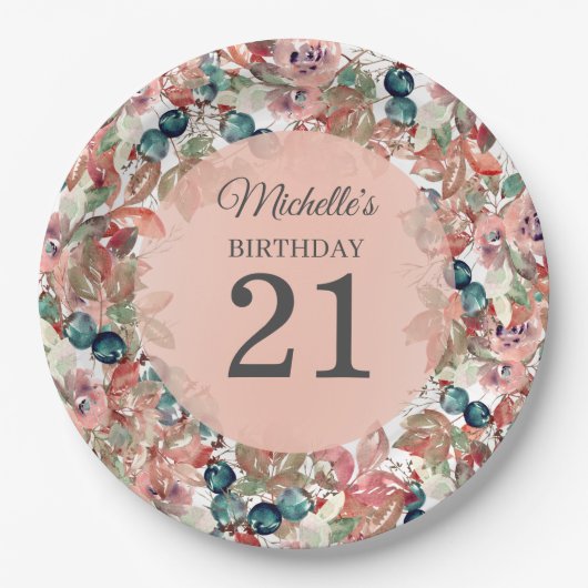 ピンクティール(緑がかった色)フローラ21歳の誕生日 ペーパープレート (正面)