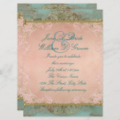 ピンクティール（緑がかった色）ブルーと金ゴールドヴィンテージウェディング 招待状 (正面/裏面)