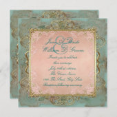 ピンクティール（緑がかった色）ブルーと金ゴールドヴィンテージウェディング 招待状 (正面/裏面)