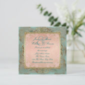 ピンクティール（緑がかった色）ブルーと金ゴールドヴィンテージウェディング 招待状 (スタンド正面)