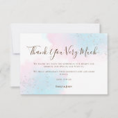 ピンクティール（緑がかった色）ブルーウォーターカラーシルバーフォト結婚ズ サンキューカード (正面)
