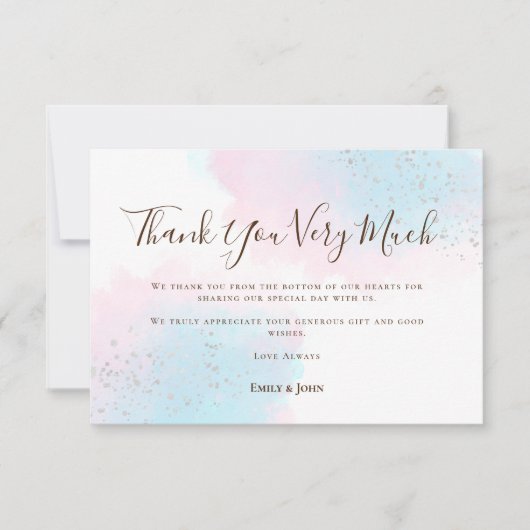 ピンクティール(緑がかった色)ブルーウォーターカラーシルバーフォト結婚ズ サンキューカード (正面)