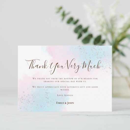 ピンクティール（緑がかった色）ブルーウォーターカラーシルバーフォト結婚ズ サンキューカード (スタンド正面)