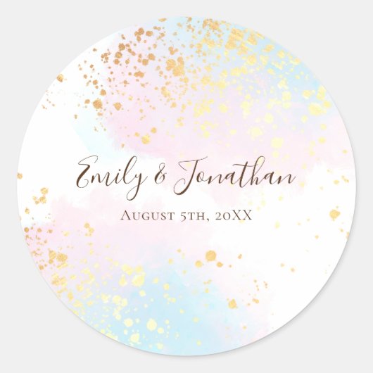 ピンクティール（緑がかった色）ブルーウォーター金ゴールド名結婚日付 ラウンドシール (正面)