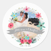 ピンクティール（緑がかった色）ブルーグレーあなたの写真をパーソナライズ結婚する ラウンドシール (正面)