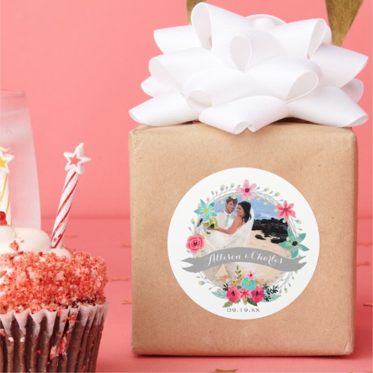 ピンクティール（緑がかった色）ブルーグレーあなたの写真をパーソナライズ結婚する ラウンドシール (パーティー)