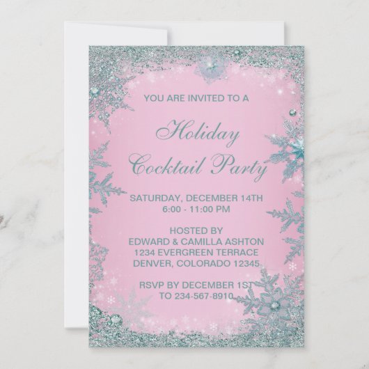 ピンクティール(緑がかった色)ブルースノーフレーククリスマスパーティー 招待状 (正面)