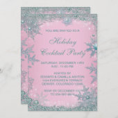 ピンクティール(緑がかった色)ブルースノーフレーククリスマスパーティー 招待状 (正面/裏面)