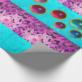 ピンクティール（緑がかった色）ブルーデイジー花、カラフル宝石 ラッピングペーパー (角)