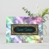 ピンクティール（緑がかった色）ブルーバブルSweet sixteen誕生日部品 招待状 (スタンド正面)